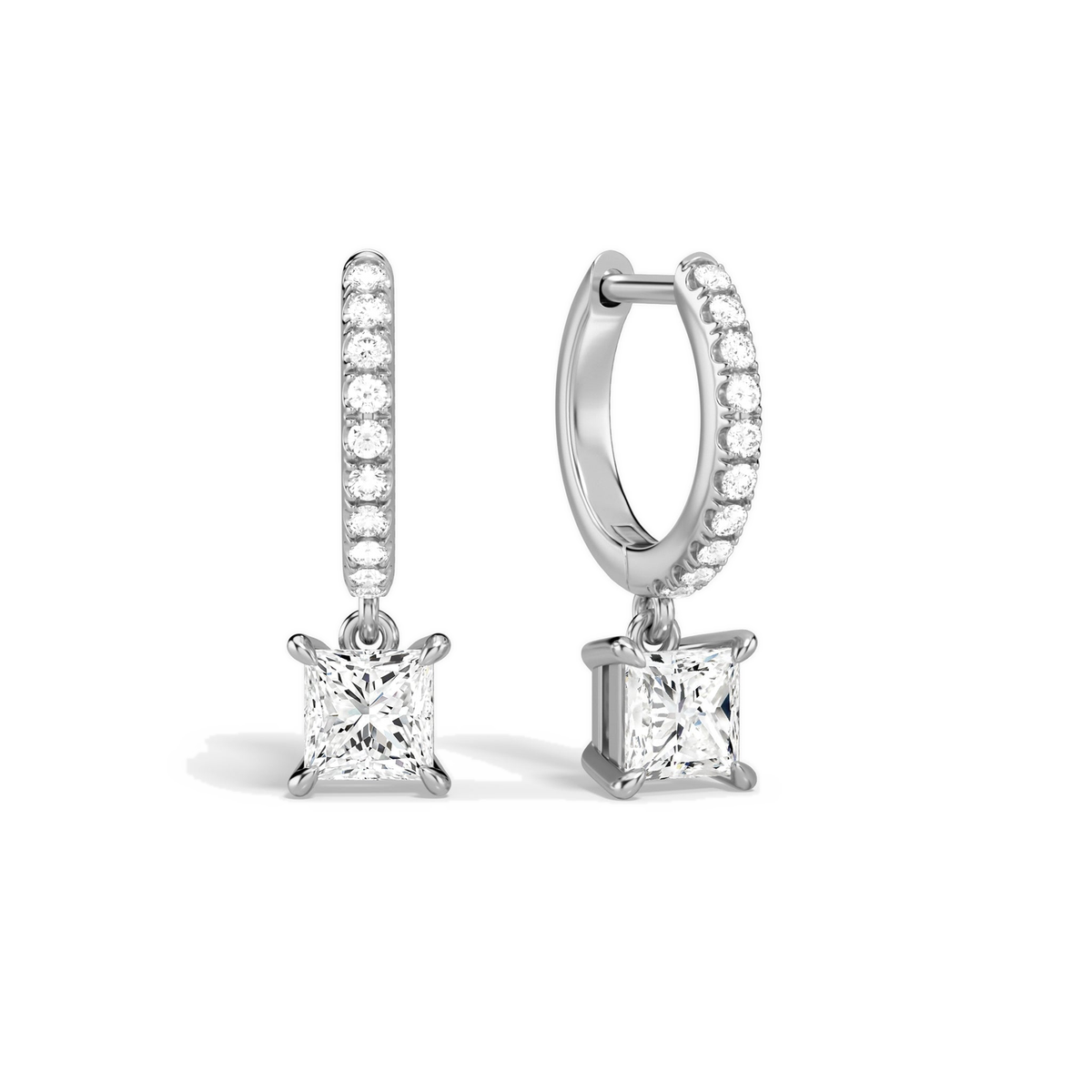 Fiorella Princess Accented Drop Huggie Hoop Lab-Grown Diamond Earrings in 18K White Gold, front view