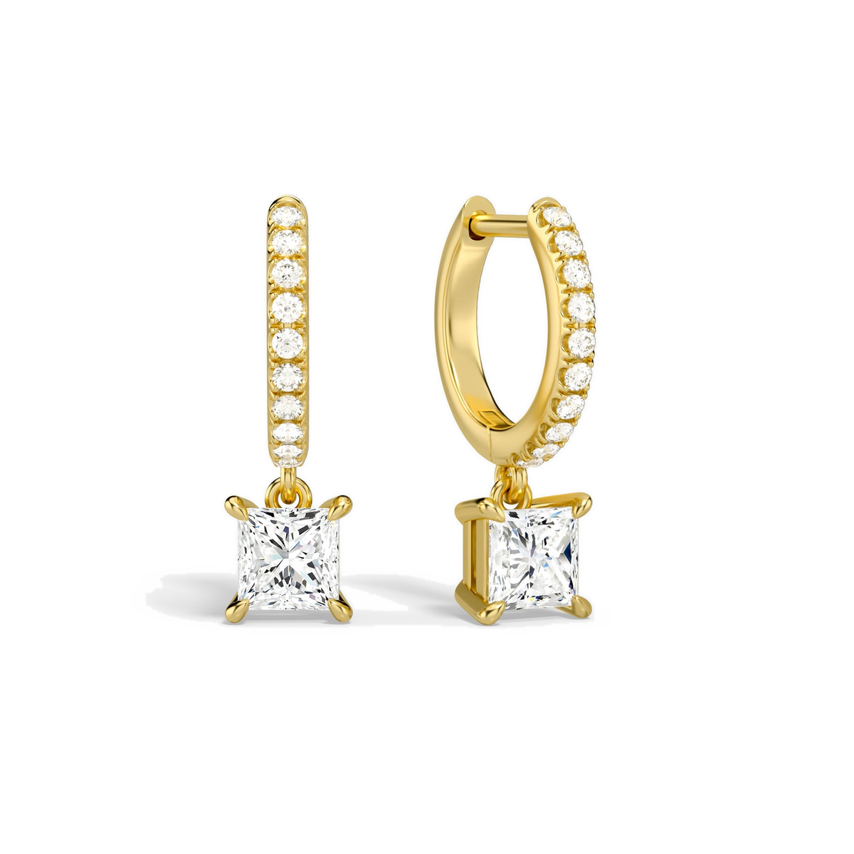 Fiorella Princess Accented Drop Huggie Hoop Lab-Grown Diamond Earrings in 18K Yellow Gold, front view