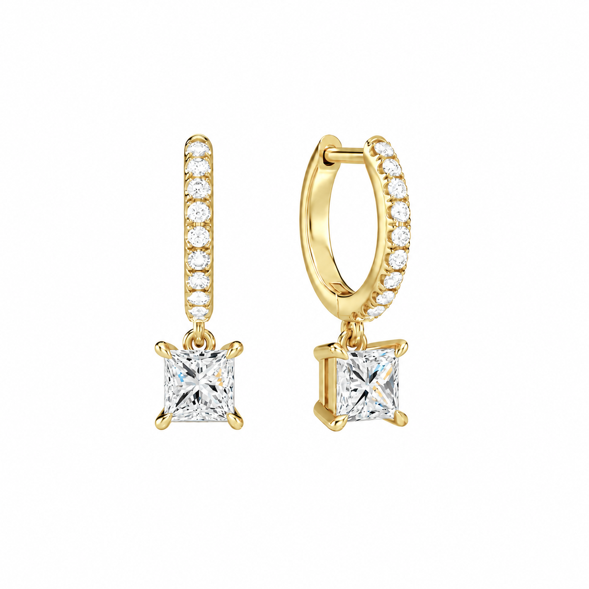 Fiorella Princess Accented Drop Huggie Hoop Lab-Grown Diamond Earrings in 18K Yellow Gold, front view