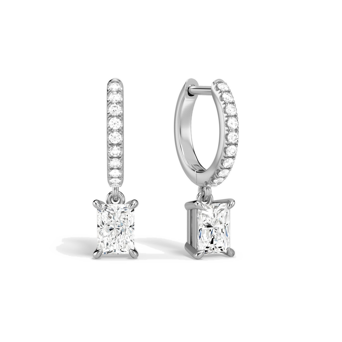 Fiorella Radiant Accented Drop Huggie Hoop Lab-Grown Diamond Earrings in 18K White Gold, front view