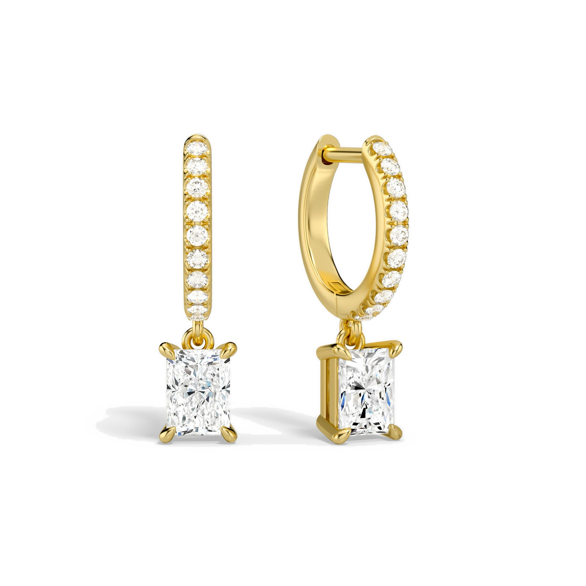 Fiorella Radiant Accented Drop Huggie Hoop Lab-Grown Diamond Earrings in 14K Yellow Gold, front view