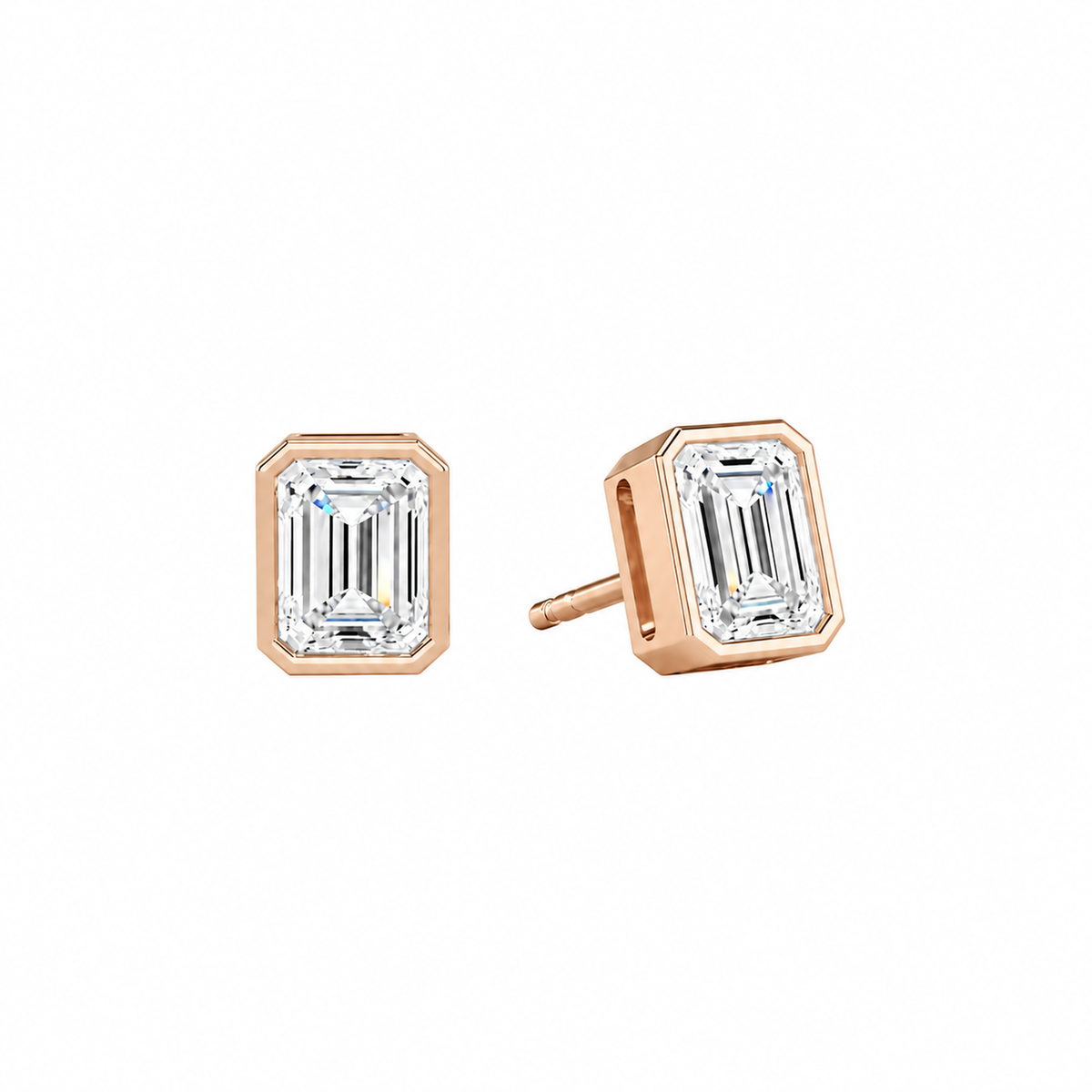 Jolie Emerald Bezel Solitaire Lab-Grown Diamond Stud Earrings in 14K Rose Gold, front view