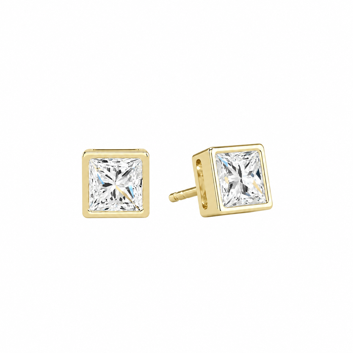 Jolie Princess Bezel Solitaire Lab-Grown Diamond Stud Earrings in 14K Yellow Gold, front view