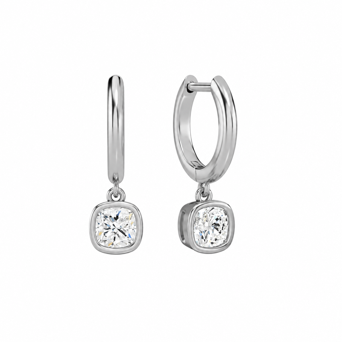 Giselle Cushion Bezel Drop Huggie Hoop Lab-Grown Diamond Earrings in 18K White Gold, front view