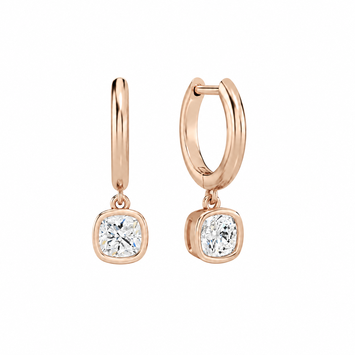Giselle Cushion Bezel Drop Huggie Hoop Lab-Grown Diamond Earrings in 14K Rose Gold, front view
