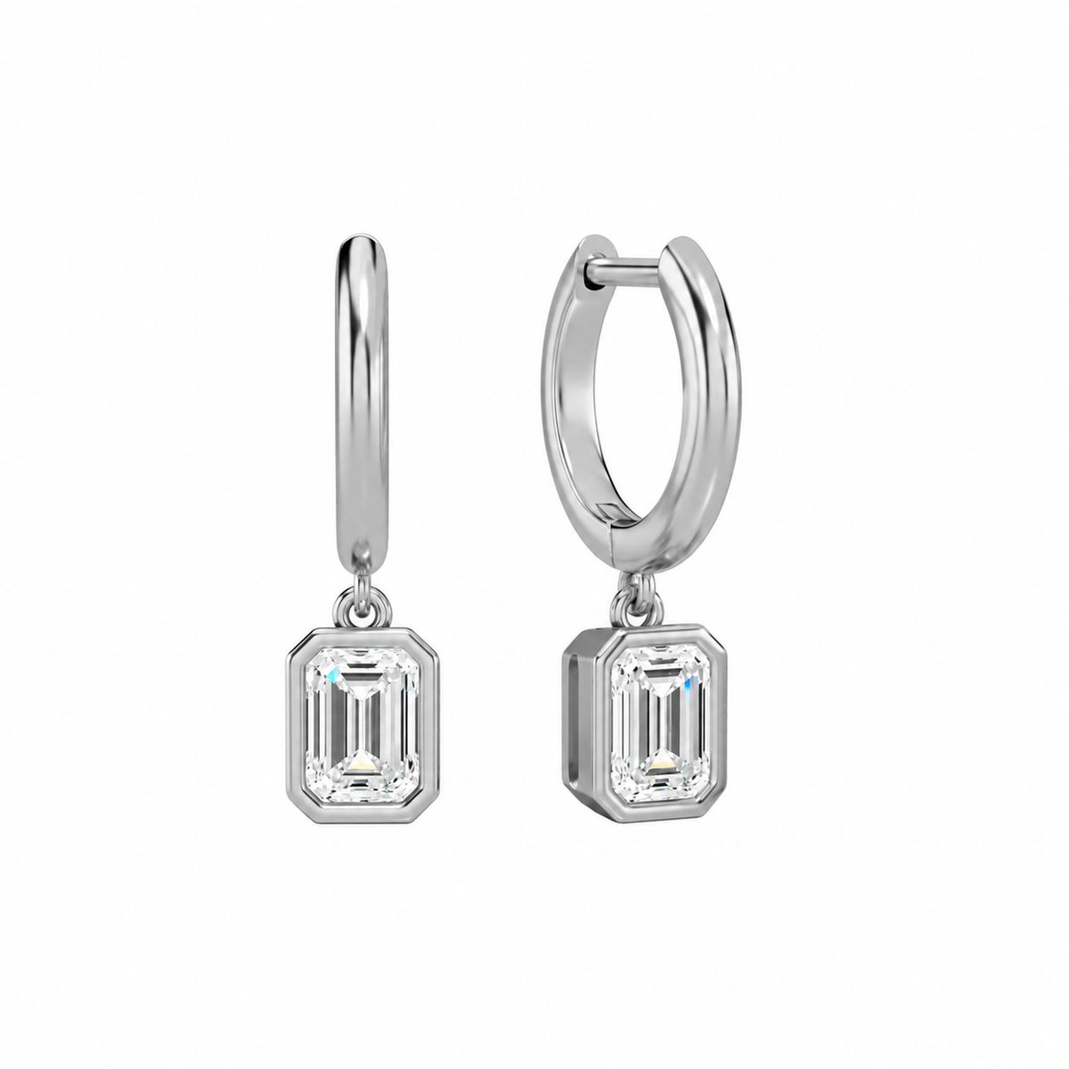 Giselle Emerald Bezel Drop Huggie Hoop Lab-Grown Diamond Earrings in 14K White Gold, front view
