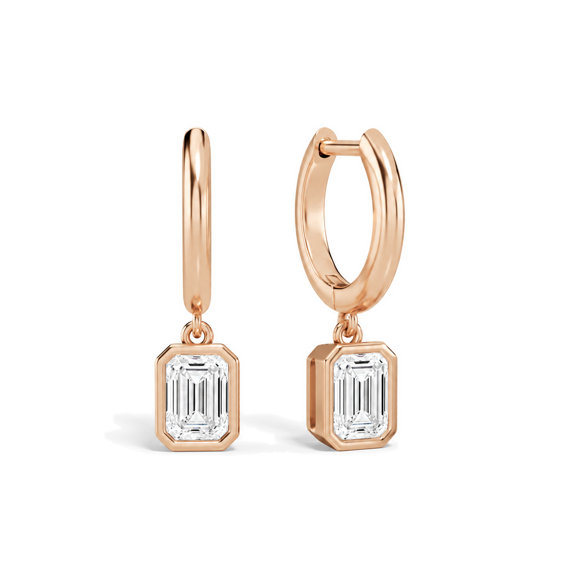 Giselle Emerald Bezel Drop Huggie Hoop Lab-Grown Diamond Earrings in 14K Rose Gold, front view