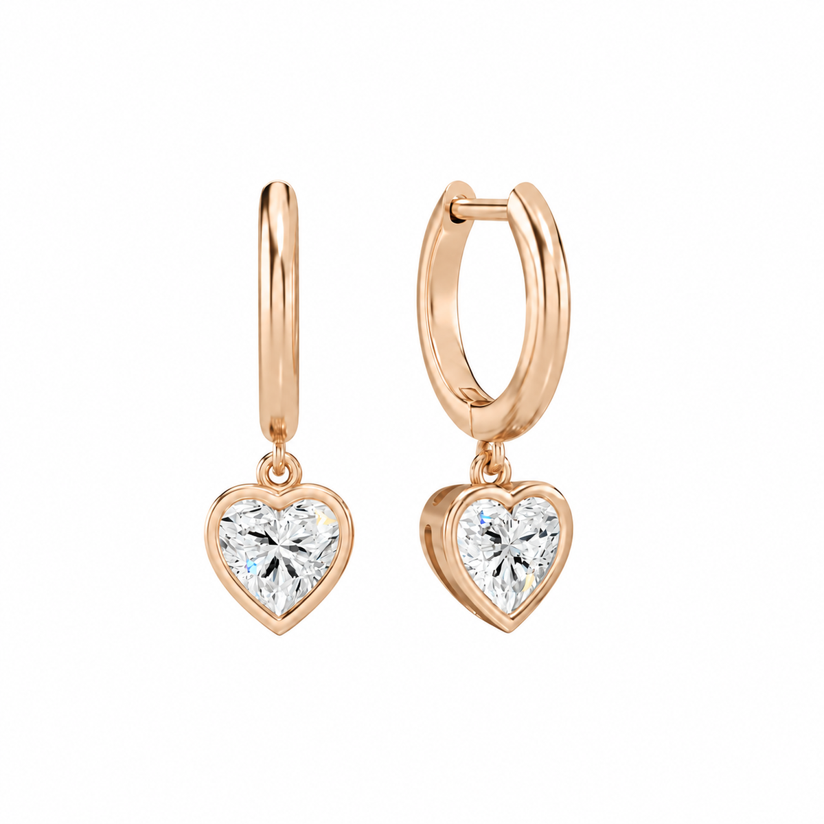 Giselle Heart Bezel Drop Huggie Hoop Lab-Grown Diamond Earrings in 14K Rose Gold, front view