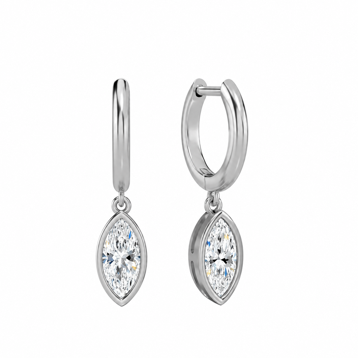 Giselle Marquise Bezel Drop Huggie Hoop Lab-Grown Diamond Earrings in 18K White Gold, front view