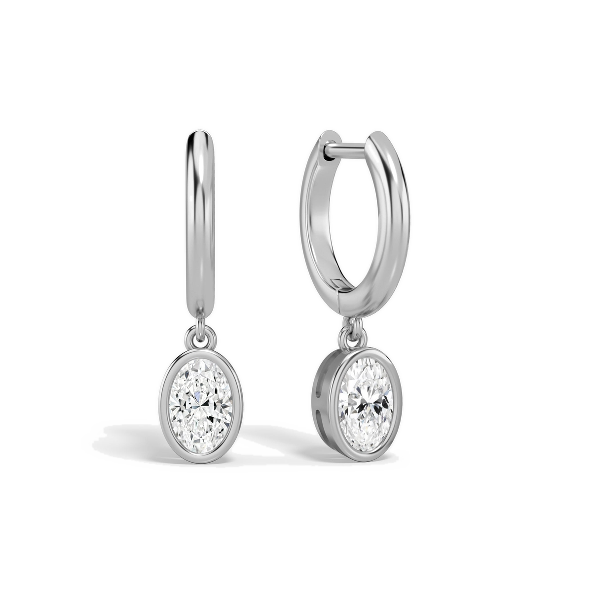 Giselle Oval Bezel Drop Huggie Hoop Lab-Grown Diamond Earrings in Platinum, front view