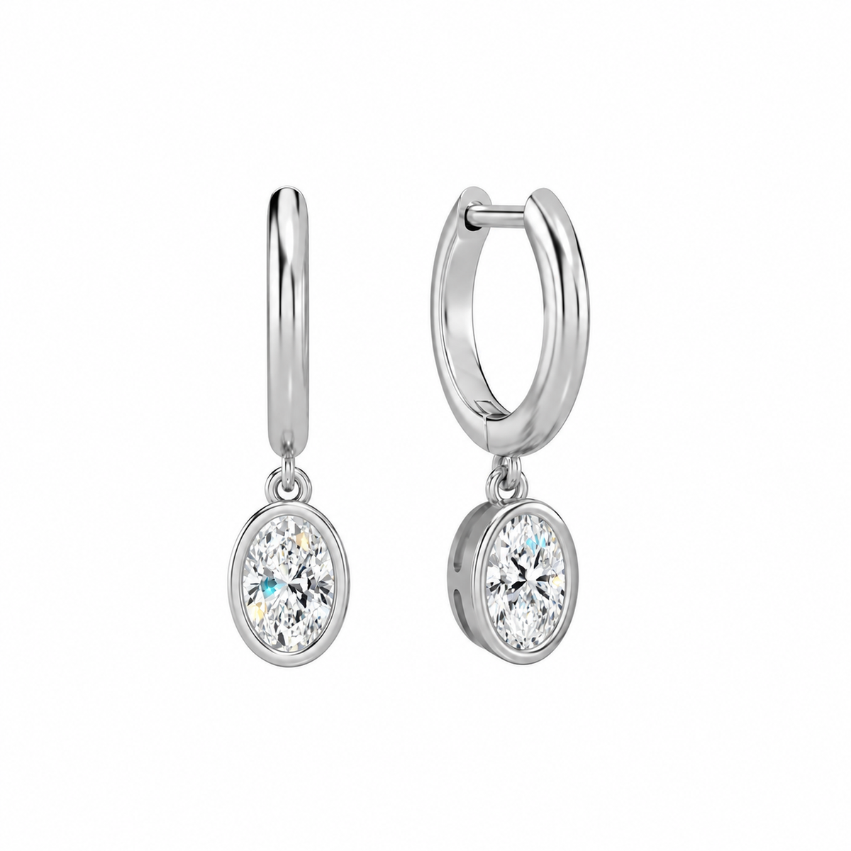Giselle Oval Bezel Drop Huggie Hoop Lab-Grown Diamond Earrings in 14K White Gold, front view