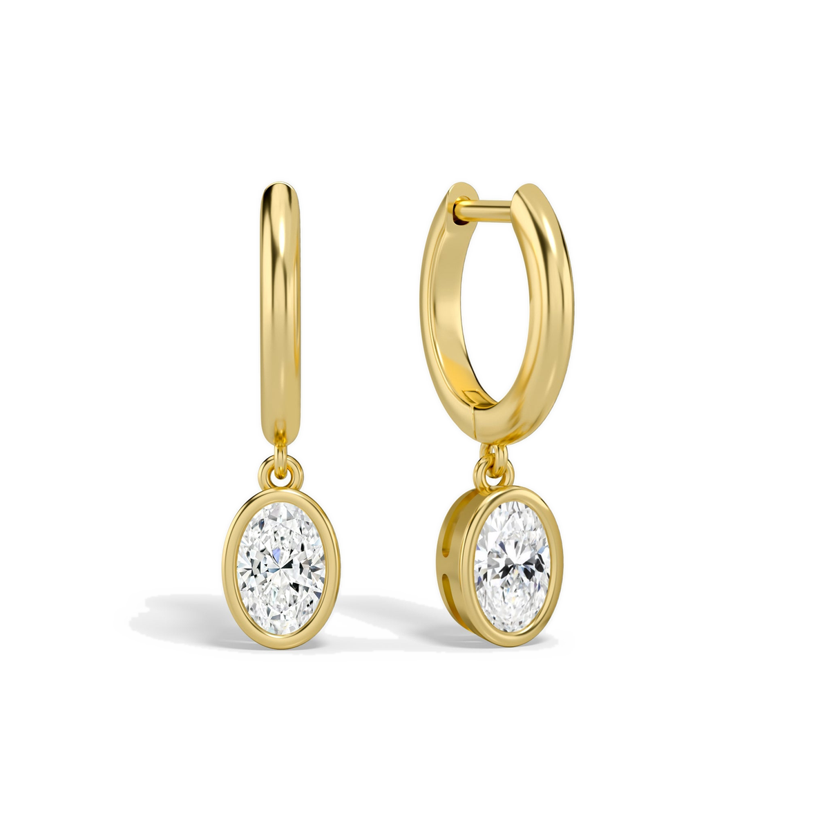 Giselle Oval Bezel Drop Huggie Hoop Lab-Grown Diamond Earrings in 14K Yellow Gold, front view