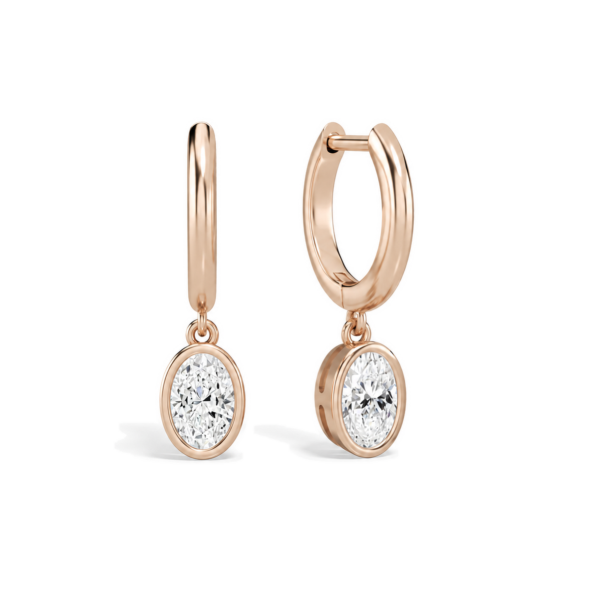 Giselle Oval Bezel Drop Huggie Hoop Lab-Grown Diamond Earrings in 14K Rose Gold, front view
