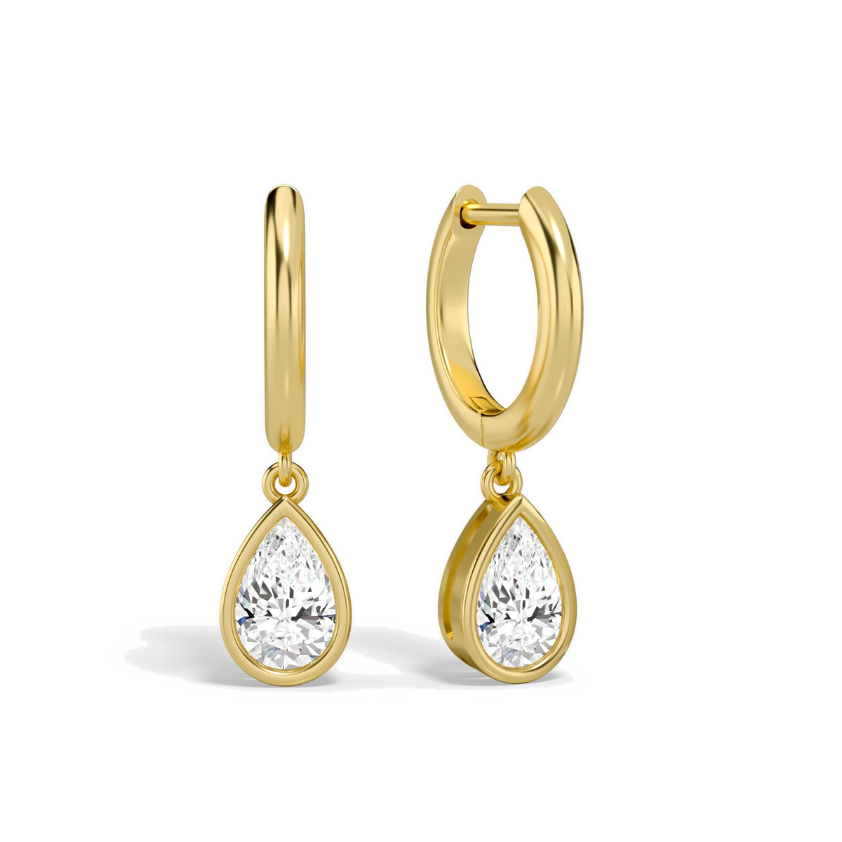 Giselle Pear Bezel Drop Huggie Hoop Lab-Grown Diamond Earrings in 14K Yellow Gold, front view