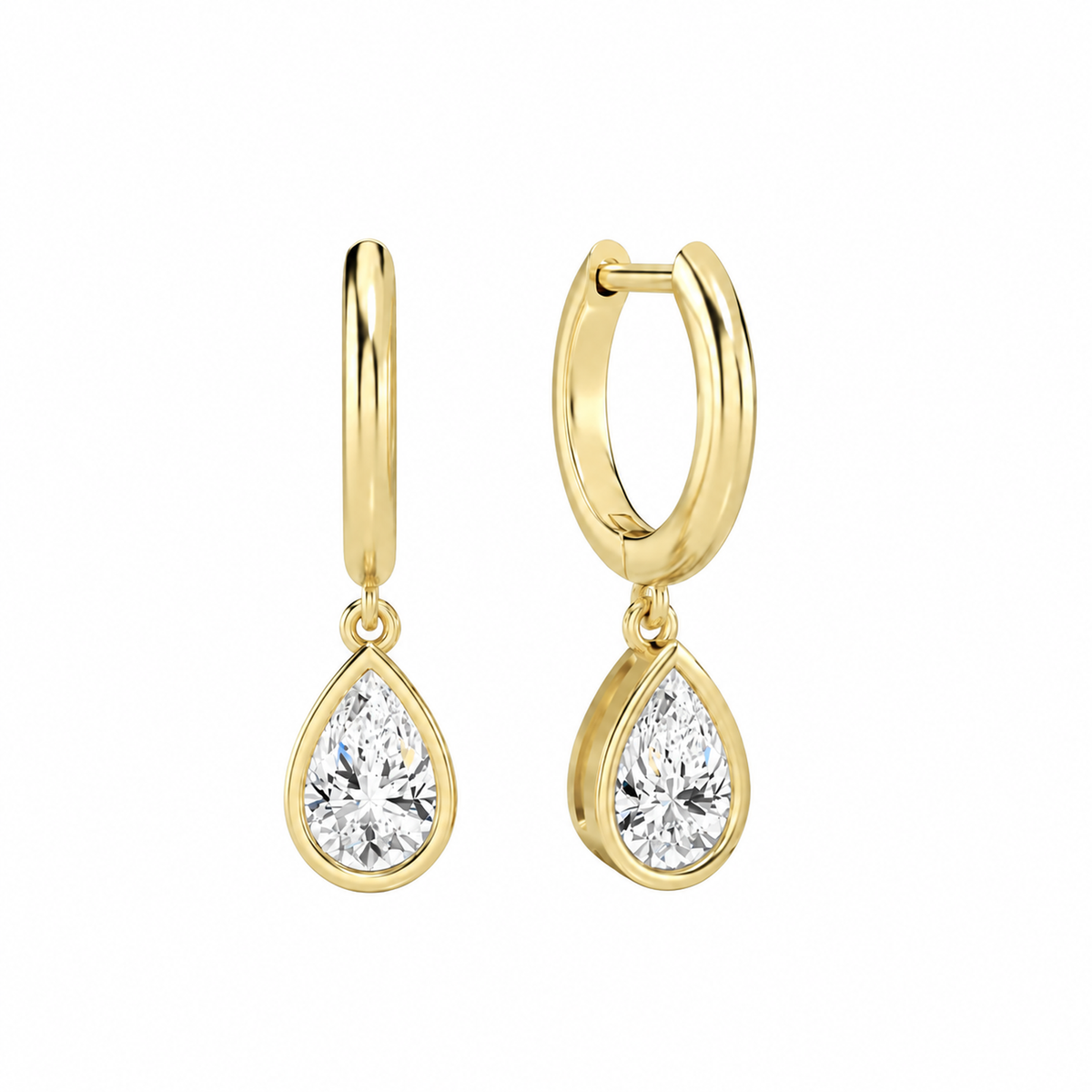 Giselle Pear Bezel Drop Huggie Hoop Lab-Grown Diamond Earrings in 14K Yellow Gold, front view