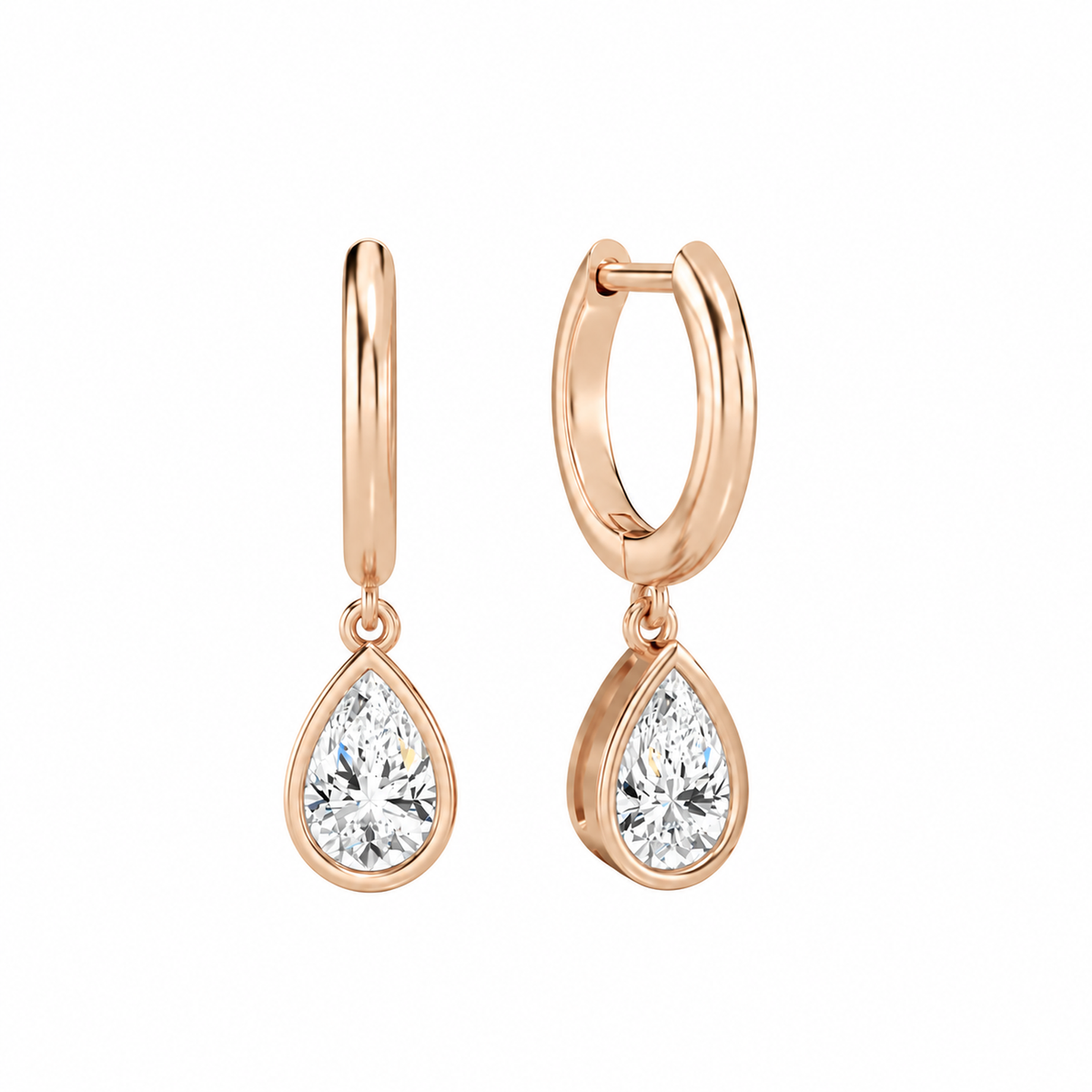 Giselle Pear Bezel Drop Huggie Hoop Lab-Grown Diamond Earrings in 14K Rose Gold, front view