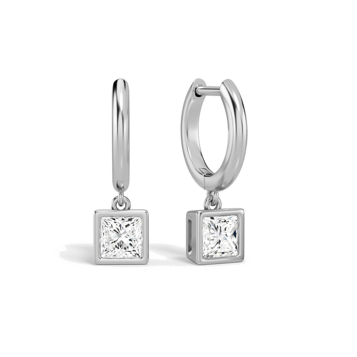 Giselle Princess Bezel Drop Huggie Hoop Lab-Grown Diamond Earrings in Platinum, front view