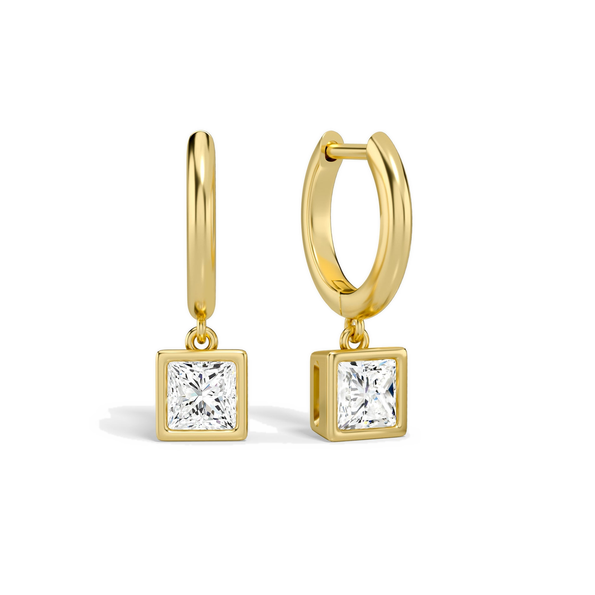 Giselle Princess Bezel Drop Huggie Hoop Lab-Grown Diamond Earrings in 14K Yellow Gold, front view