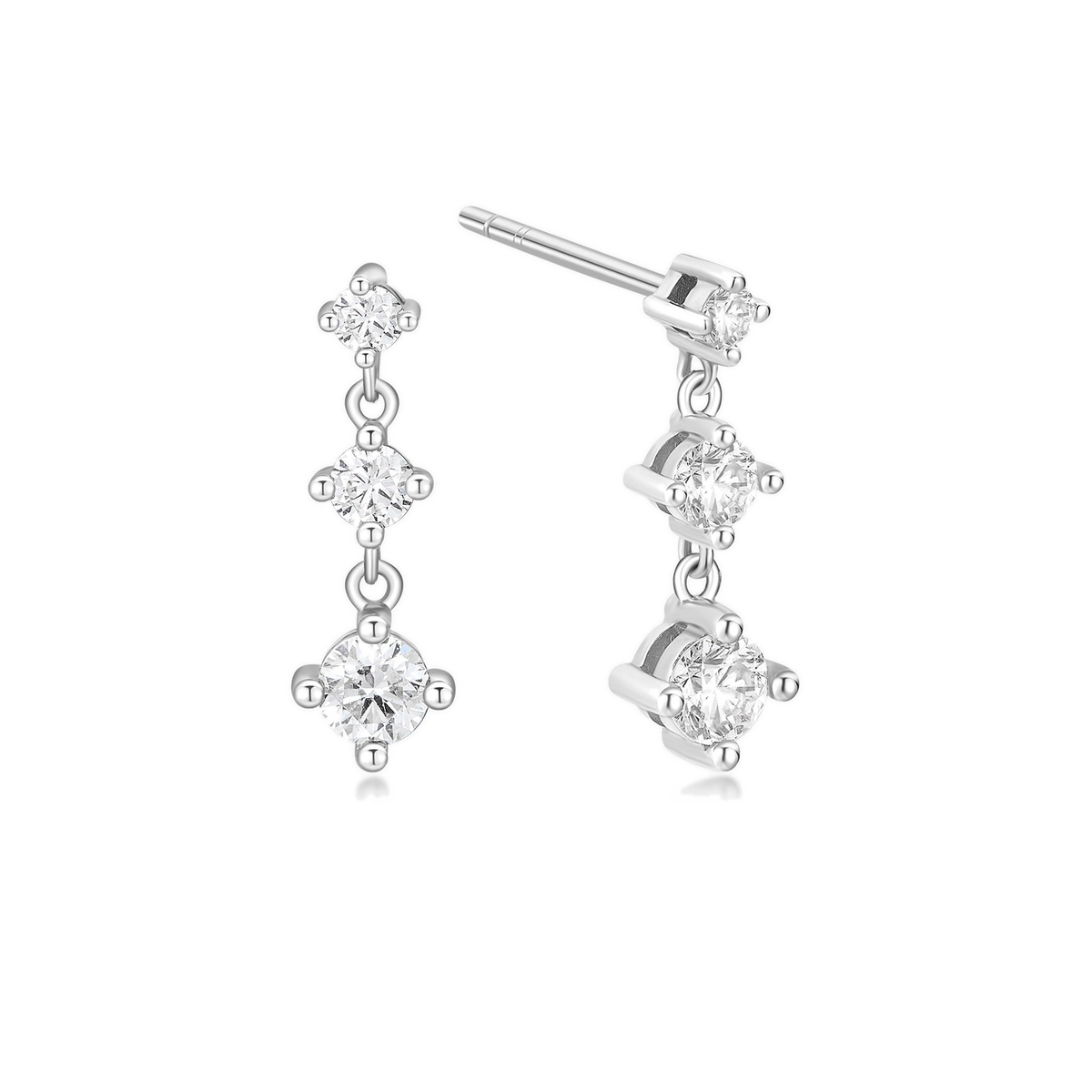 Novella Three Stone Graduated Fancy Drop Lab-Grown Diamond Stud Earrings in 14K White Gold, front view