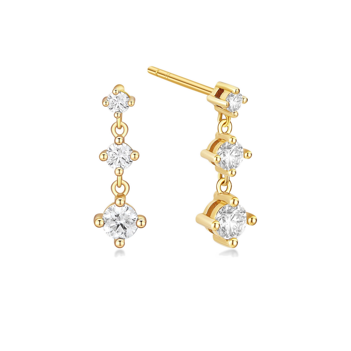 Novella Three Stone Graduated Fancy Drop Lab-Grown Diamond Stud Earrings in 18K Yellow Gold, front view