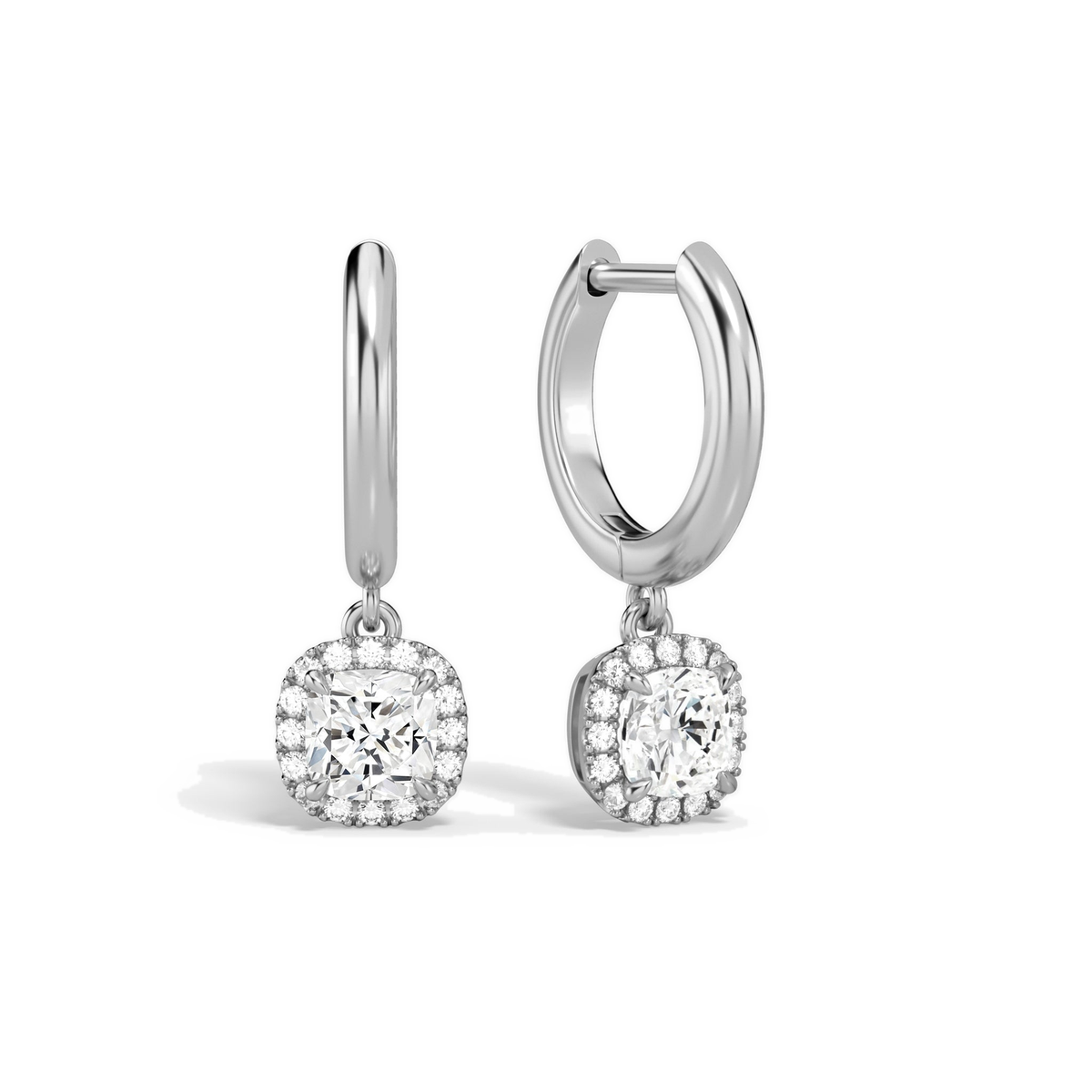 Allegra Cushion Halo Drop Huggie Hoop Lab-Grown Diamond Earrings in Platinum, front view