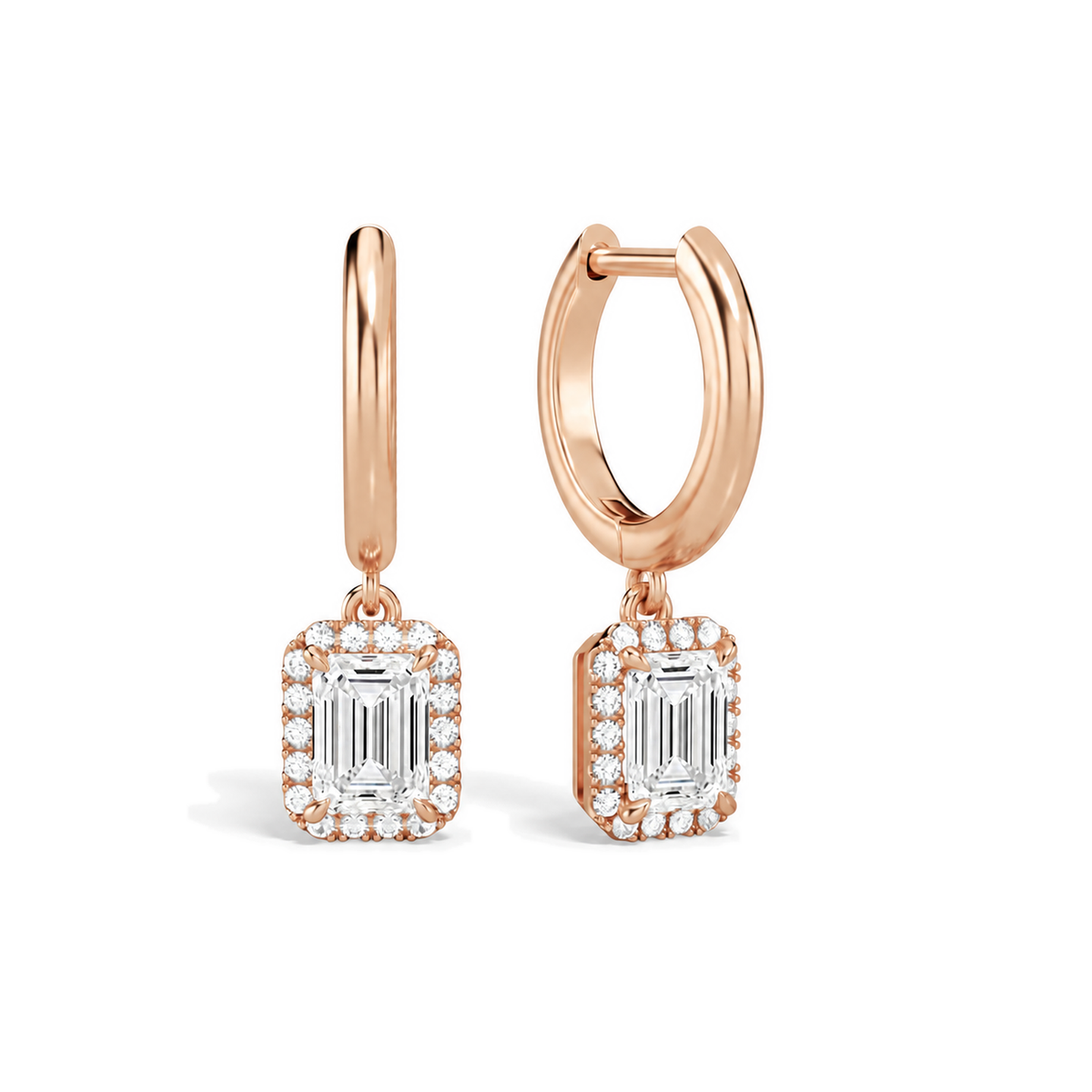 Allegra Emerald Halo Drop Huggie Hoop Lab-Grown Diamond Earrings in 14K Rose Gold, front view