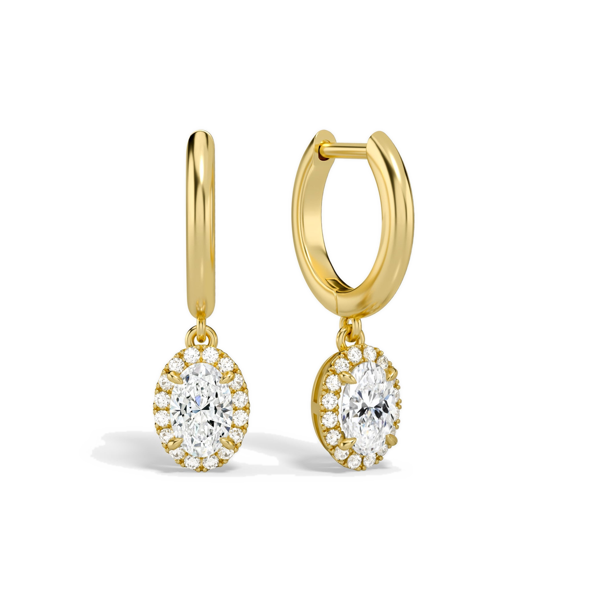 Allegra Oval Halo Drop Huggie Hoop Lab-Grown Diamond Earrings in 14K Yellow Gold, front view