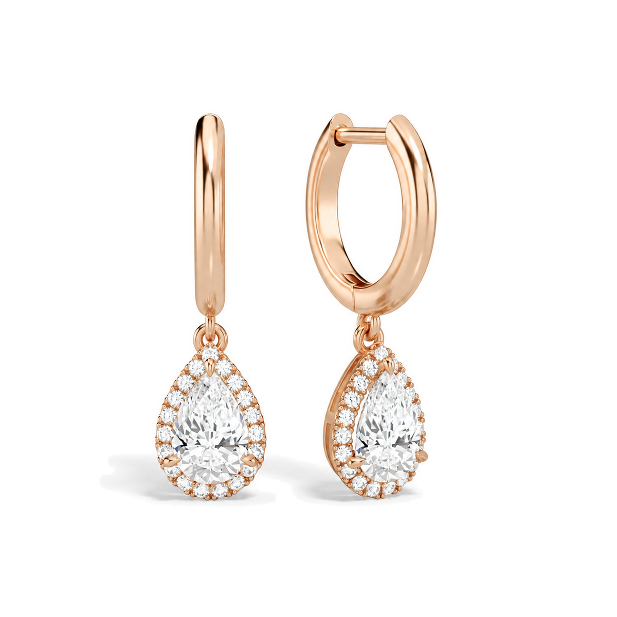 Allegra Pear Halo Drop Huggie Hoop Lab-Grown Diamond Earrings in 14K Rose Gold, front view