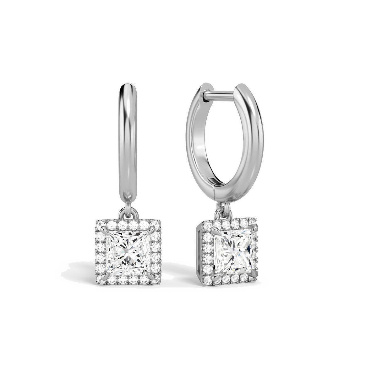 Allegra Princess Halo Drop Huggie Hoop Lab-Grown Diamond Earrings in Platinum, front view