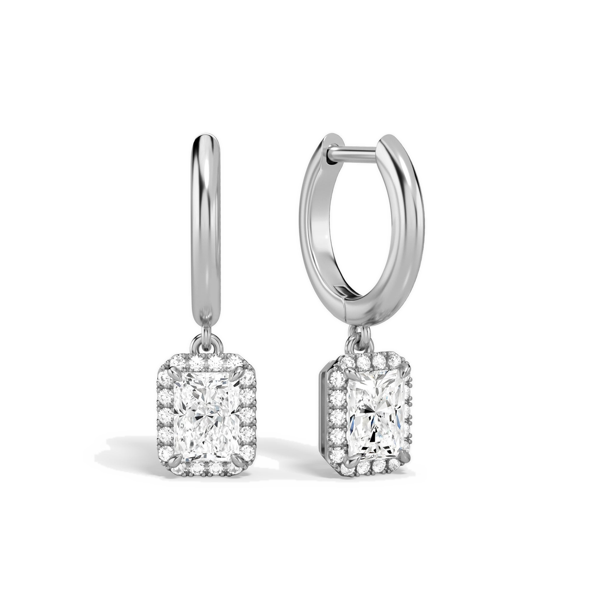 Allegra Radiant Halo Drop Huggie Hoop Lab-Grown Diamond Earrings in Platinum, front view