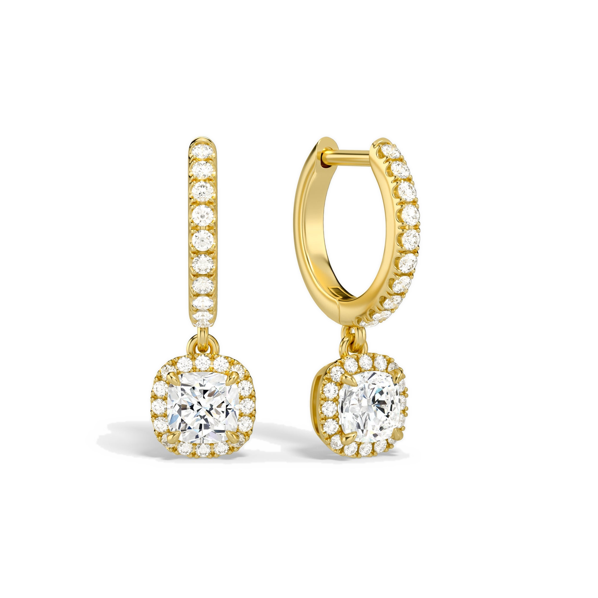 Bellamy Cushion Luxe Drop Huggie Hoop Lab-Grown Diamond Earrings in 14K Yellow Gold, front view