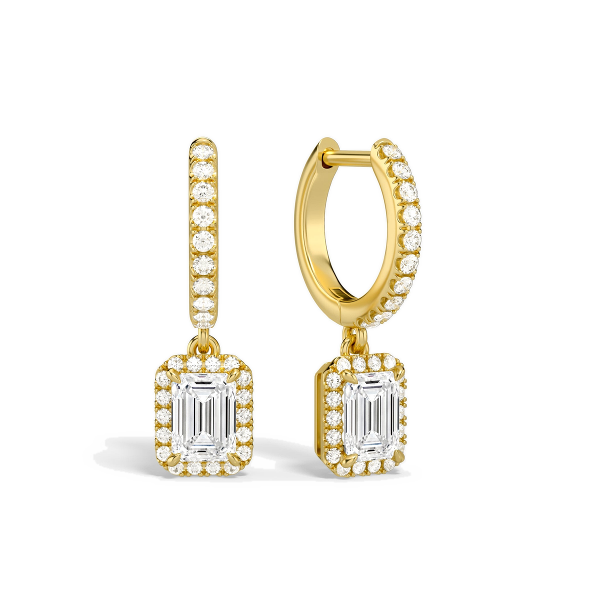 Bellamy Emerald Luxe Drop Huggie Hoop Lab-Grown Diamond Earrings in 14K Yellow Gold, front view