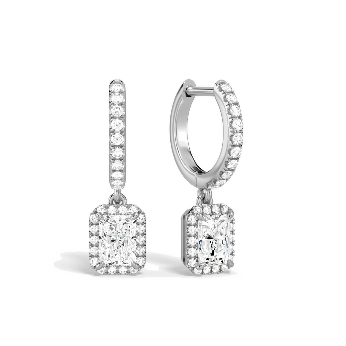 Bellamy Radiant Luxe Drop Huggie Hoop Lab-Grown Diamond Earrings in 18K White Gold, front view