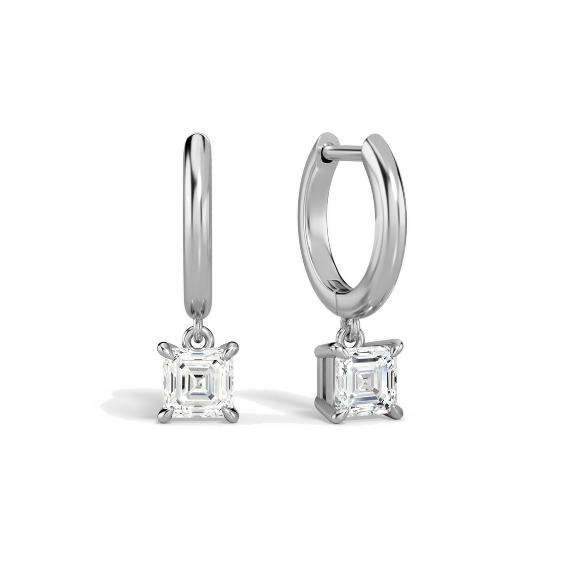Cerelia Asscher Solitaire Drop Huggie Hoop Lab-Grown Diamond Earrings in 14K White Gold, front view