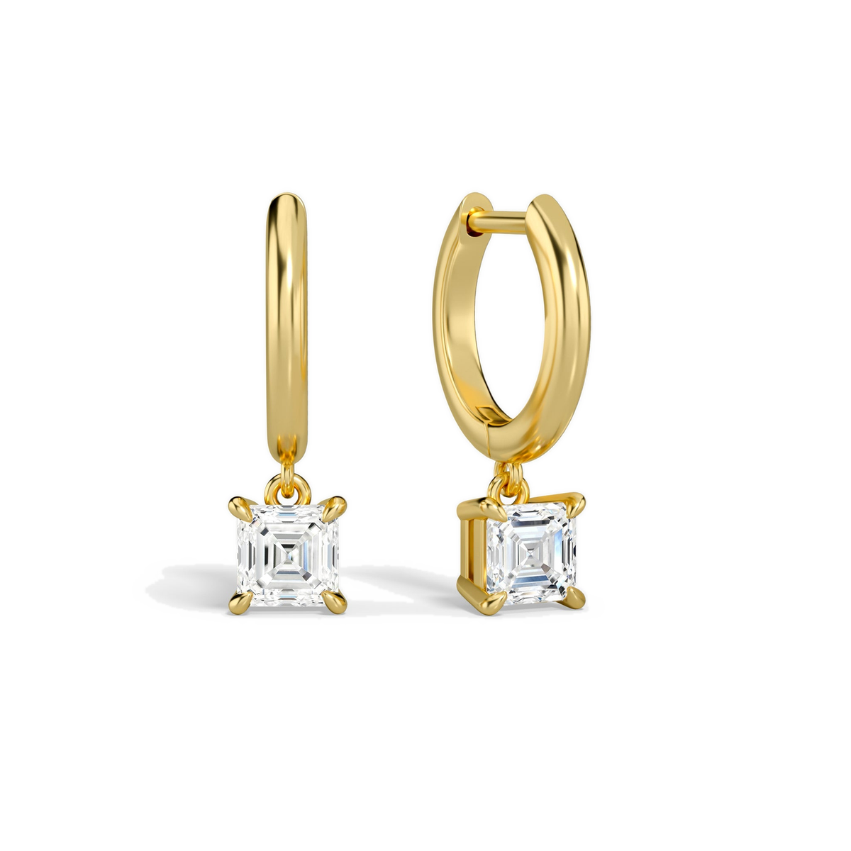 Cerelia Asscher Solitaire Drop Huggie Hoop Lab-Grown Diamond Earrings in 14K Yellow Gold, front view