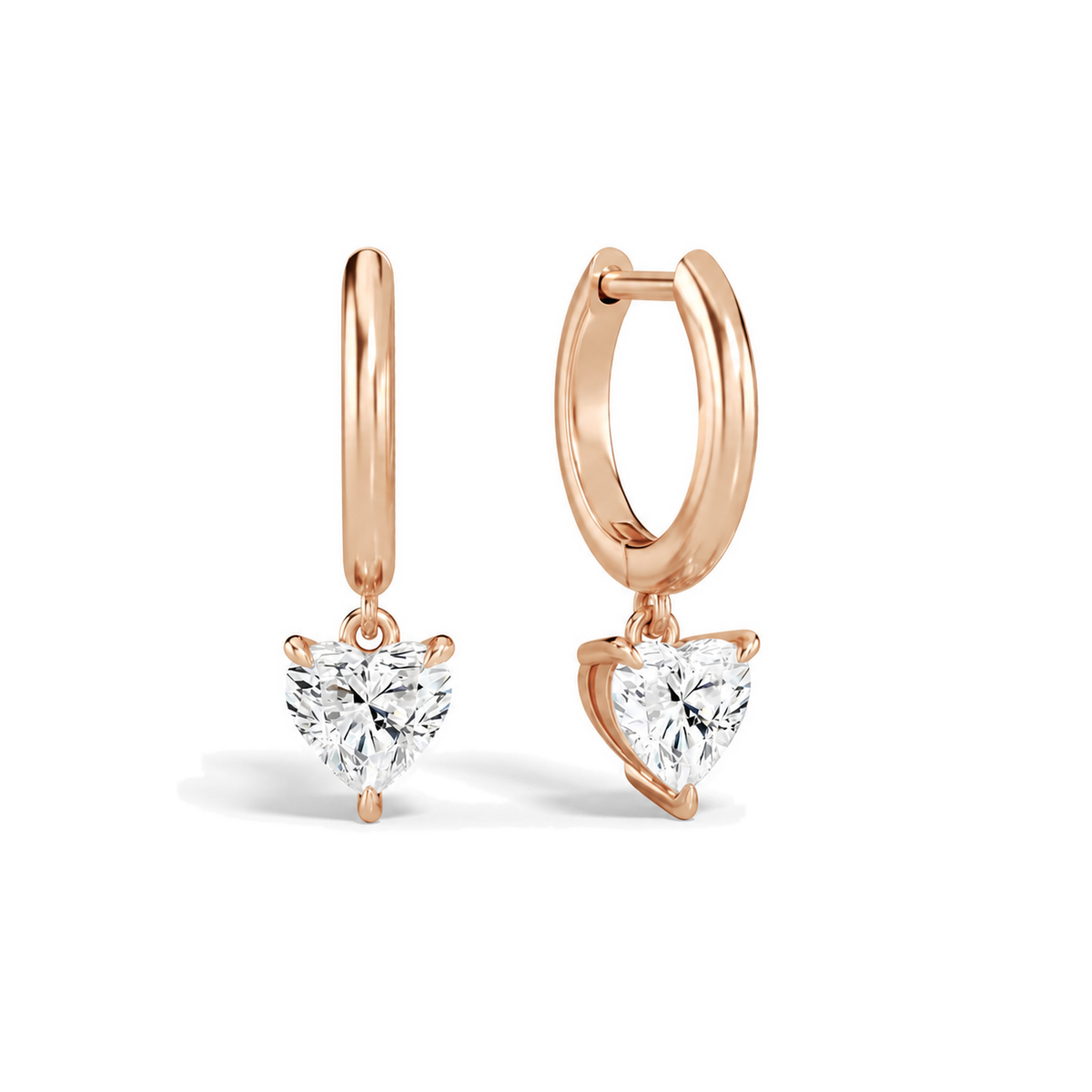 Cerelia Heart Solitaire Drop Huggie Hoop Lab-Grown Diamond Earrings in 14K Rose Gold, front view