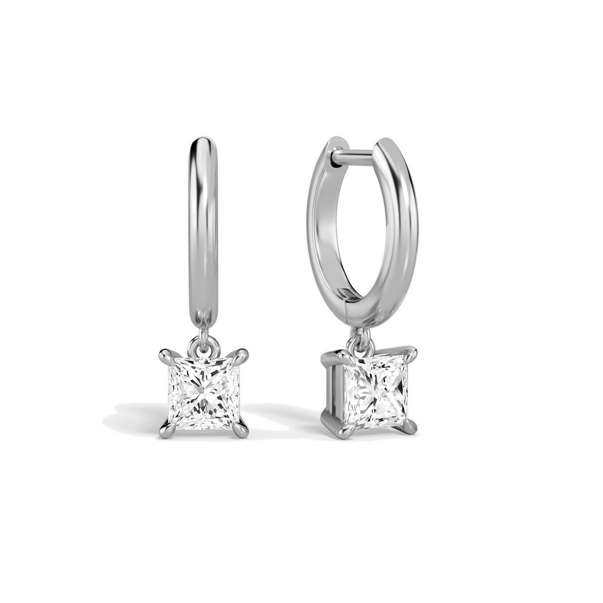 Cerelia Princess Solitaire Drop Huggie Hoop Lab-Grown Diamond Earrings in 14K White Gold, front view
