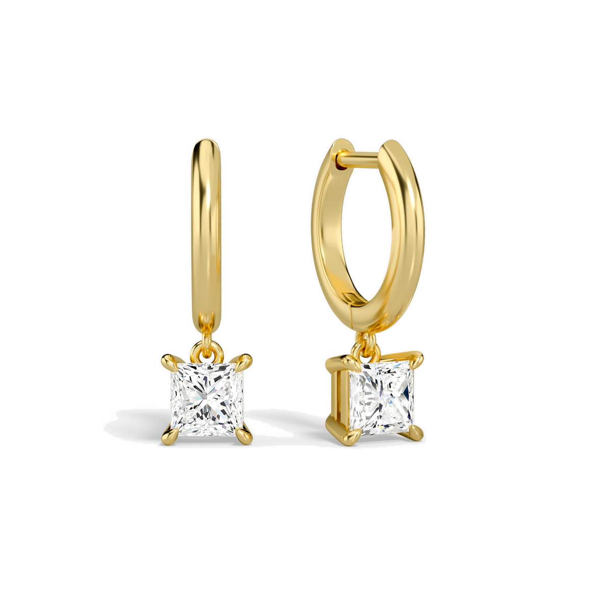 Cerelia Princess Solitaire Drop Huggie Hoop Lab-Grown Diamond Earrings in 18K Yellow Gold, front view