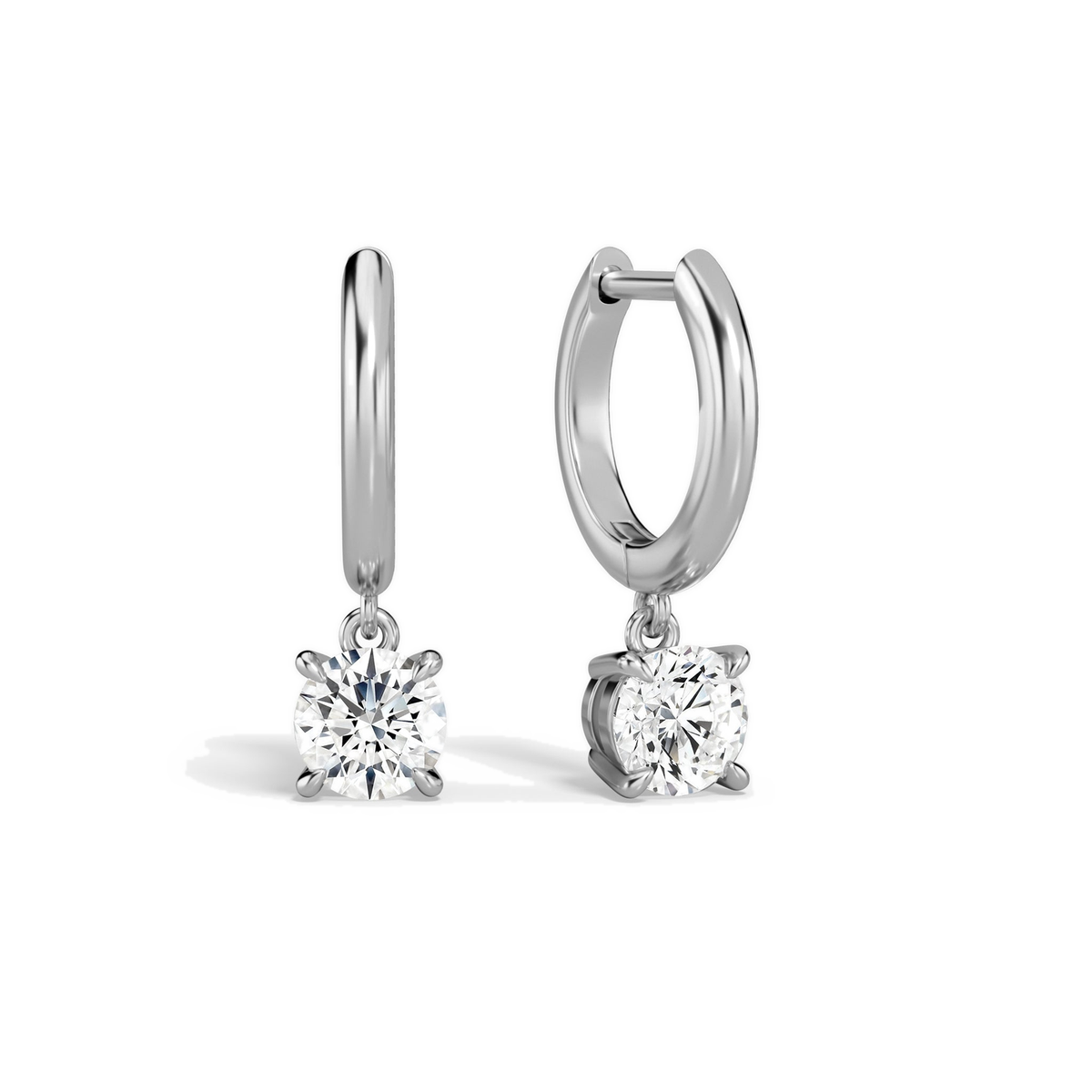 Cerelia Round Solitaire Drop Huggie Hoop Lab-Grown Diamond Earrings in 18K White Gold, front view