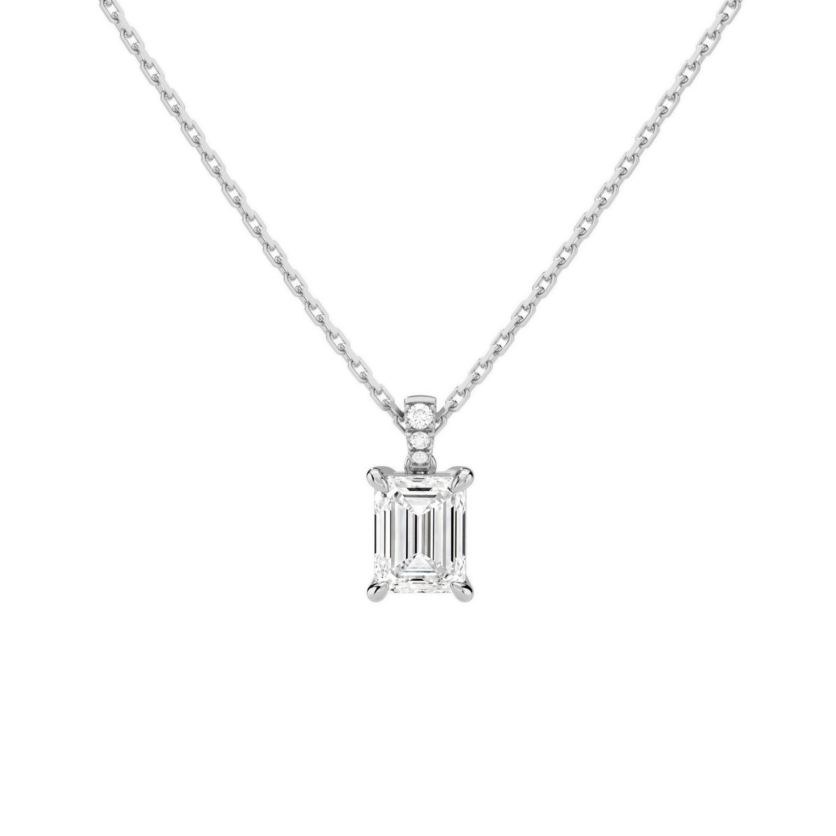 Maeva Emerald Accented Bail Lab-Grown Diamond Pendant Necklace in 18K White Gold, front view
