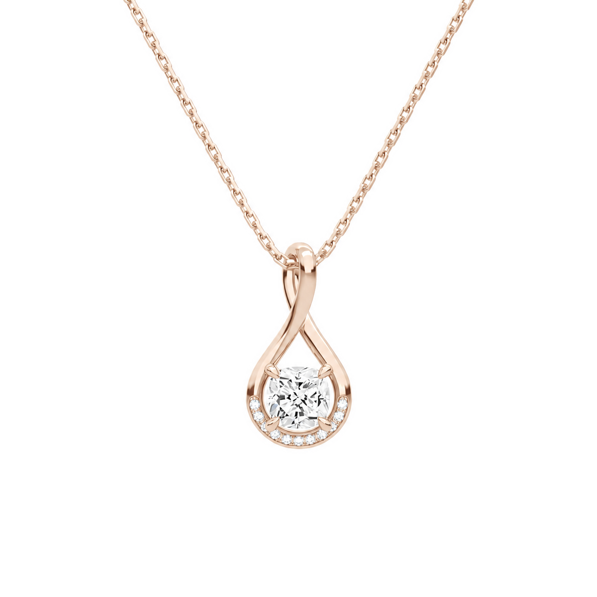 Nelle Cushion Accented Twist Lab-Grown Diamond Pendant Necklace in 14K Rose Gold, front view