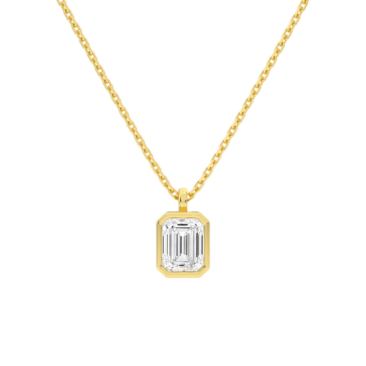 Stellaire Emerald Bezel Solitaire Lab-Grown Diamond Pendant Necklace in 18K Yellow Gold, front view