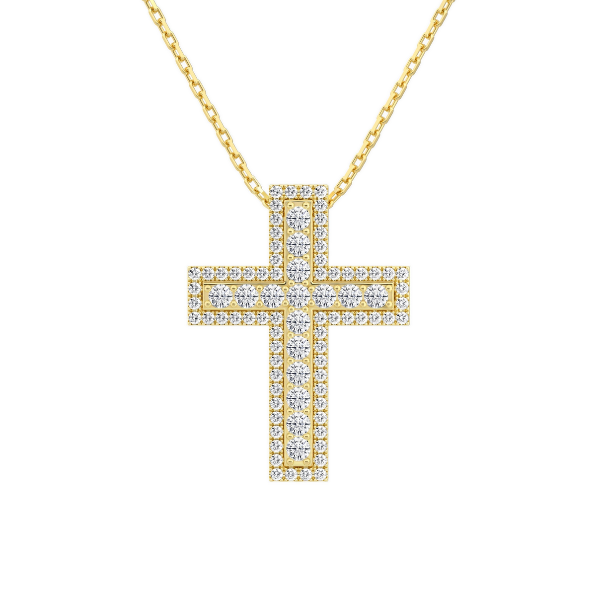 Evora Pave Edge Cross Lab-Grown Diamond Pendant Necklace in 14K Yellow Gold, front view