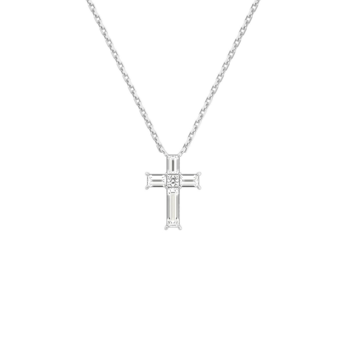Sora Baguette Cross Lab-Grown Diamond Pendant Necklace in 18K White Gold, front view