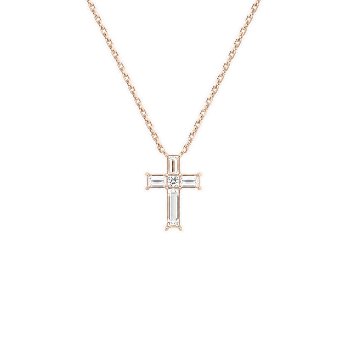 Sora Baguette Cross Lab-Grown Diamond Pendant Necklace in 14K Rose Gold, front view