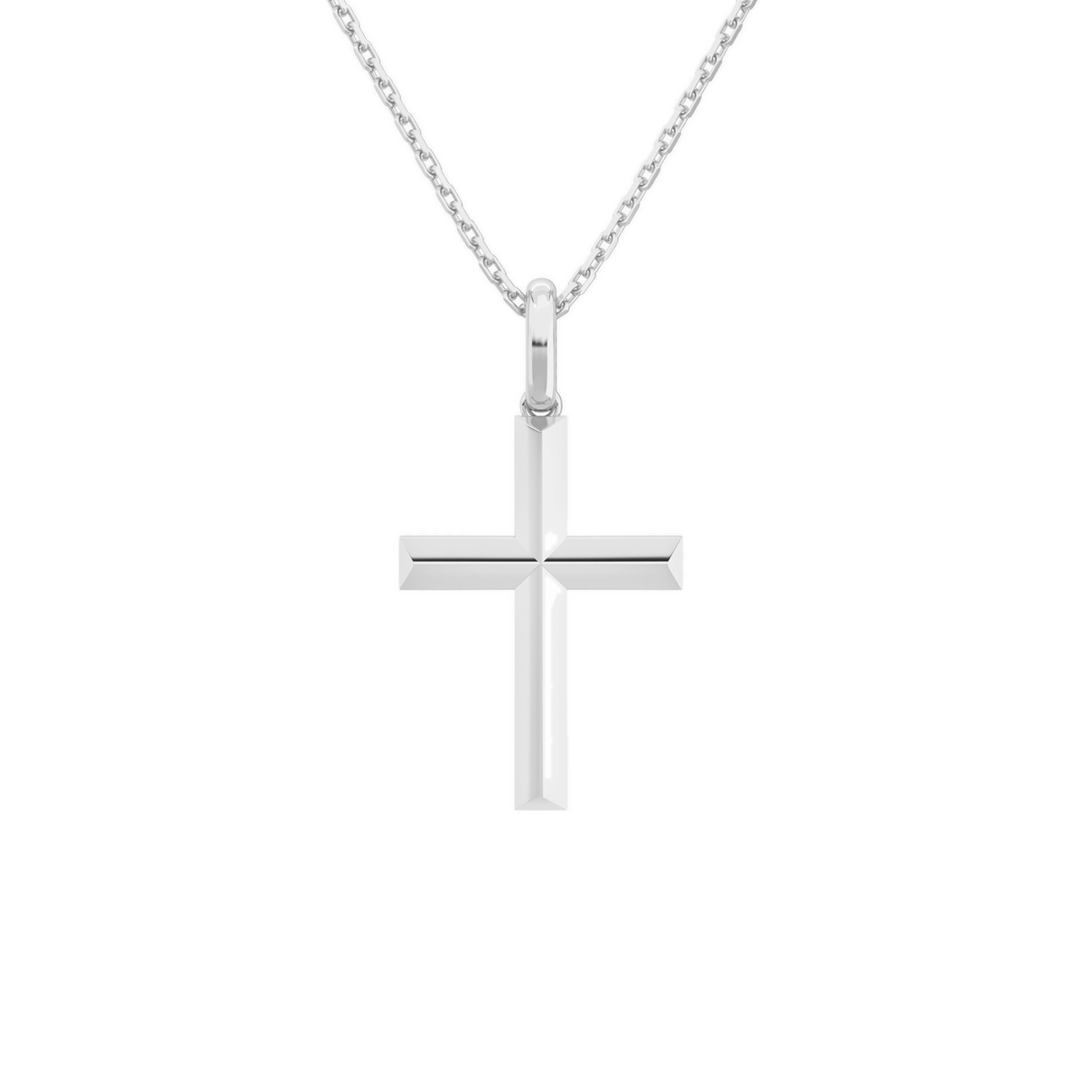 Laurel Beveled Edge Polished Cross Lab-Grown Diamond Pendant Necklace in 18K White Gold, front view