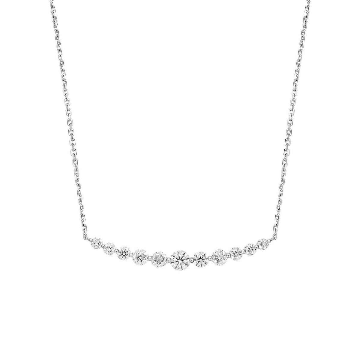 Karina Graduated Single Prong Curved Bar Lab-Grown Diamond Necklace in 14K White Gold, front view