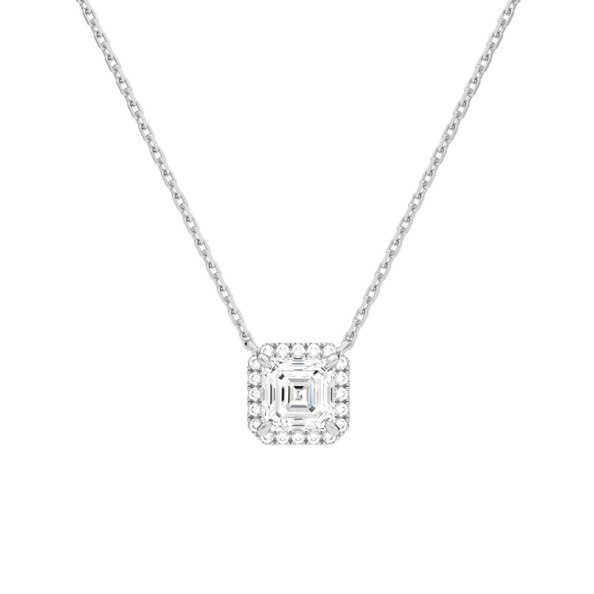 Jessa Asscher Halo Lab-Grown Diamond Necklace in 18K White Gold, front view