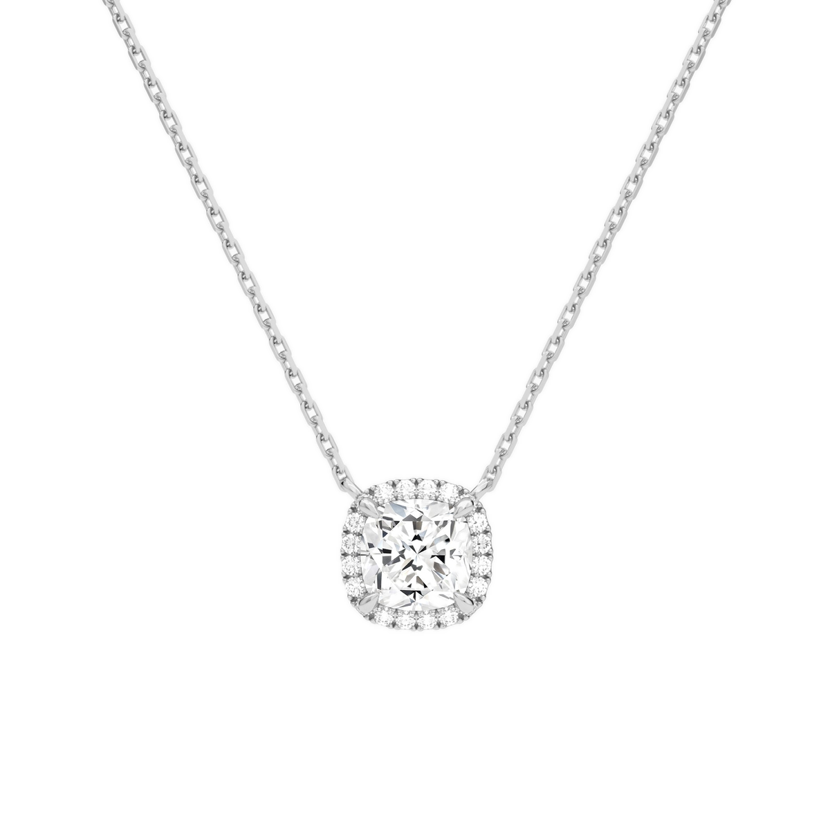 Jessa Cushion Halo Lab-Grown Diamond Necklace in 18K White Gold, front view