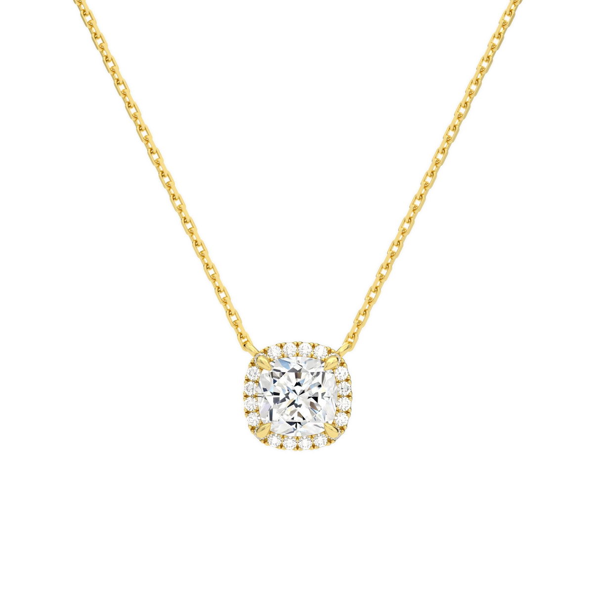 Jessa Cushion Halo Lab-Grown Diamond Necklace in 18K Yellow Gold, front view
